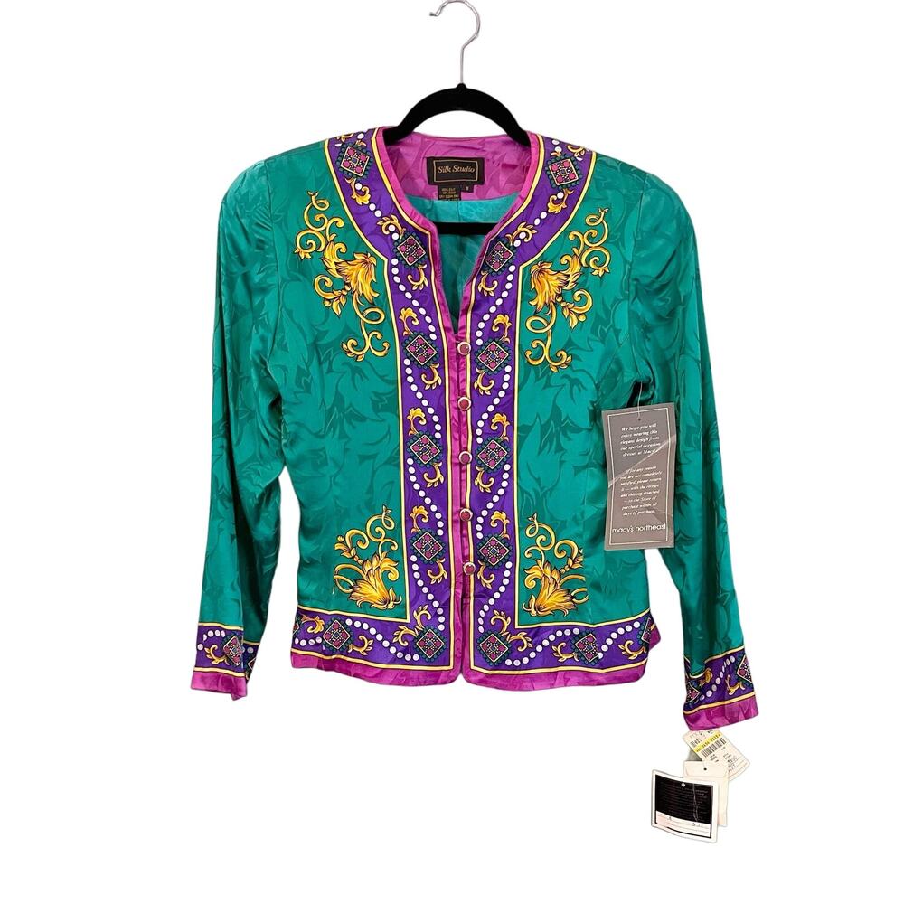Silk Studio Blazer Women 8 Teal Pink Silk Baroque Floral Eclectic Maximalist NWT